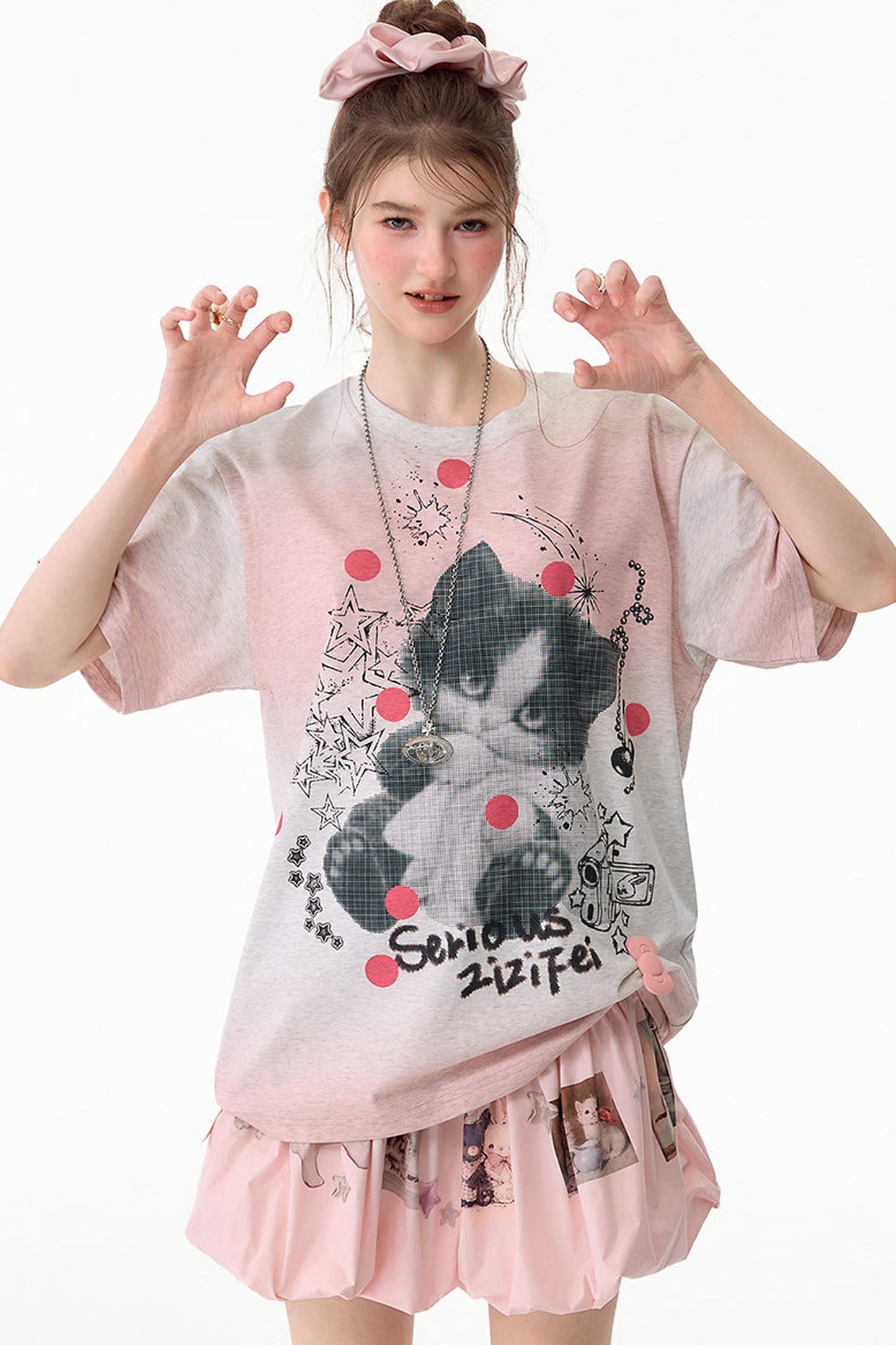 T-Shirt mit rosa Farbverlauf und Katzenprint