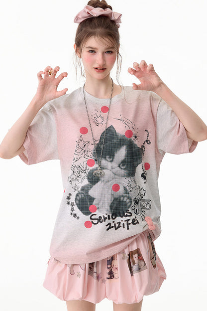 T-Shirt mit rosa Farbverlauf und Katzenprint