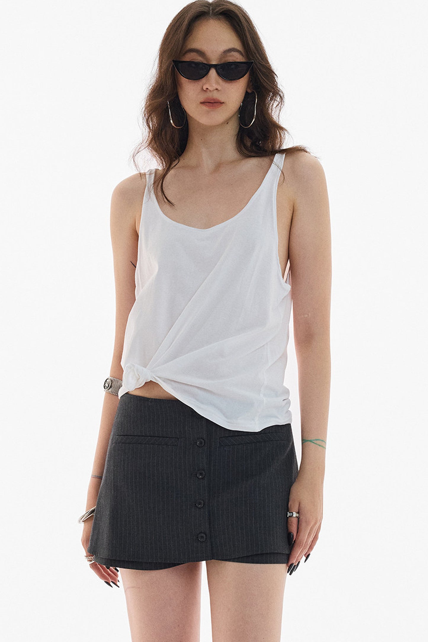 Gray White Striped Button Front Skirt