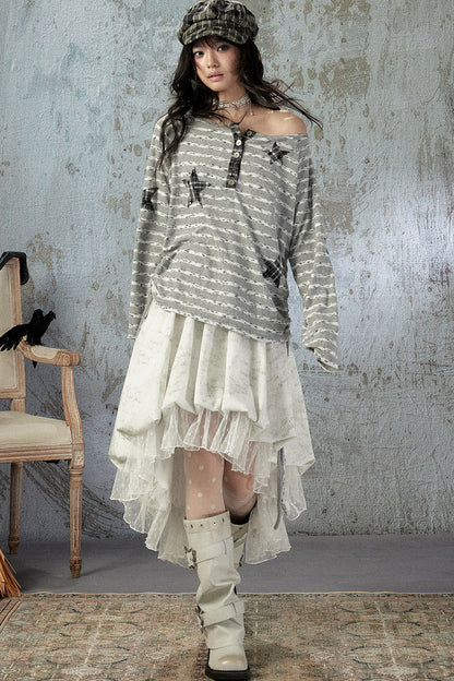 Striped Off-Shoulder Long-Sleeve T-Shirt