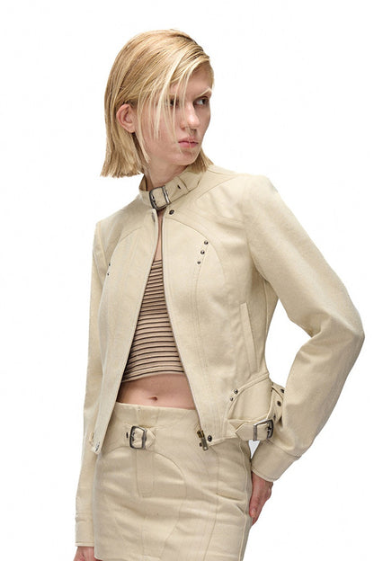 Storm Rider Washed Khaki PU Patchwork Jacket