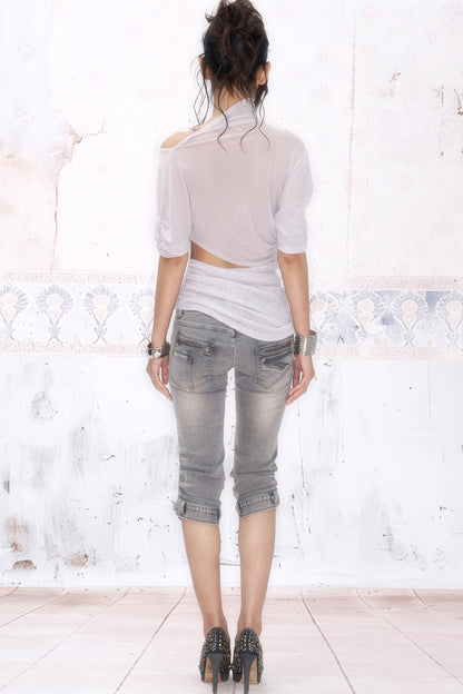Pleated Knit Patchwork Off-Shoulder T-Shirt