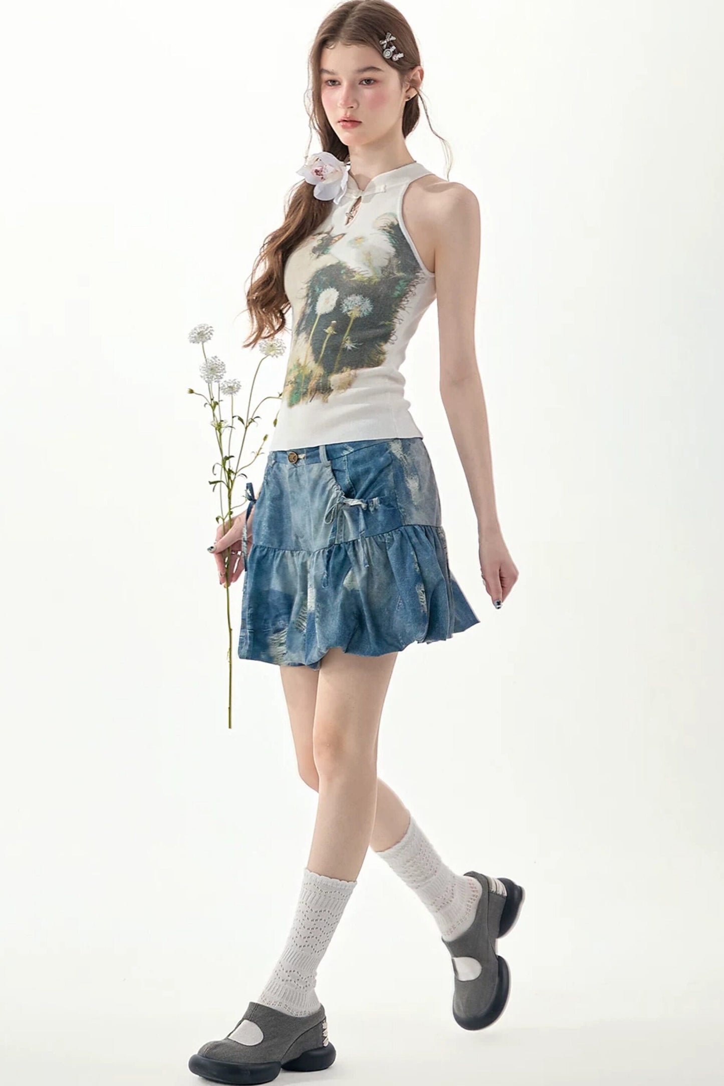 White Cat Print Knit Halter Top