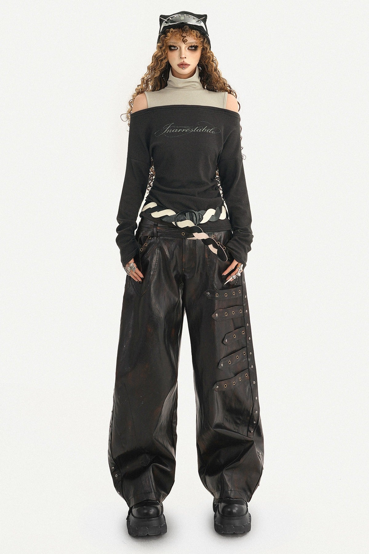 Rivet-Decorated Wide-Leg Leather Pants
