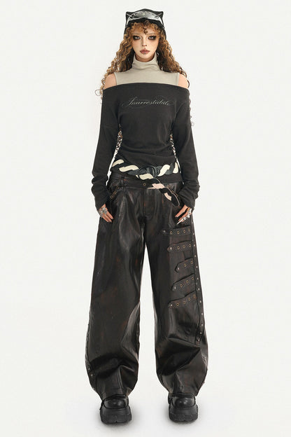 Rivet-Decorated Wide-Leg Leather Pants