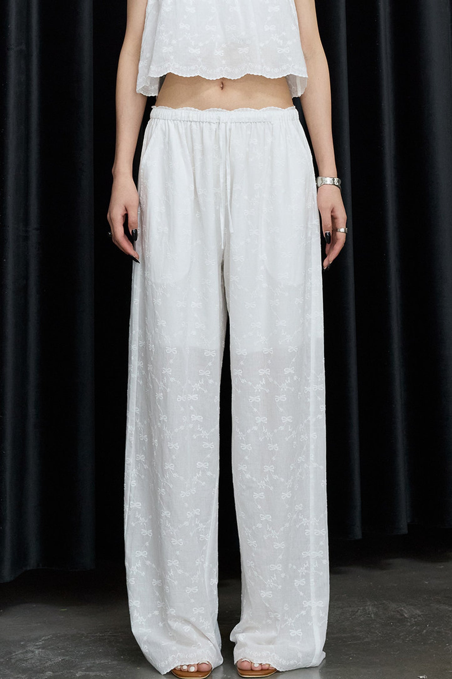 White Cotton Hollow Embroidery Top And Pants Set-Up