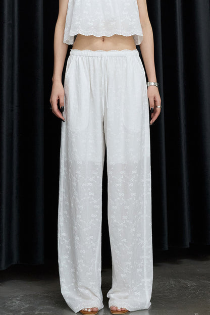 White Cotton Hollow Embroidery Top And Pants Set-Up