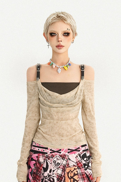 Retro Patchwork Off-Shoulder Blouse
