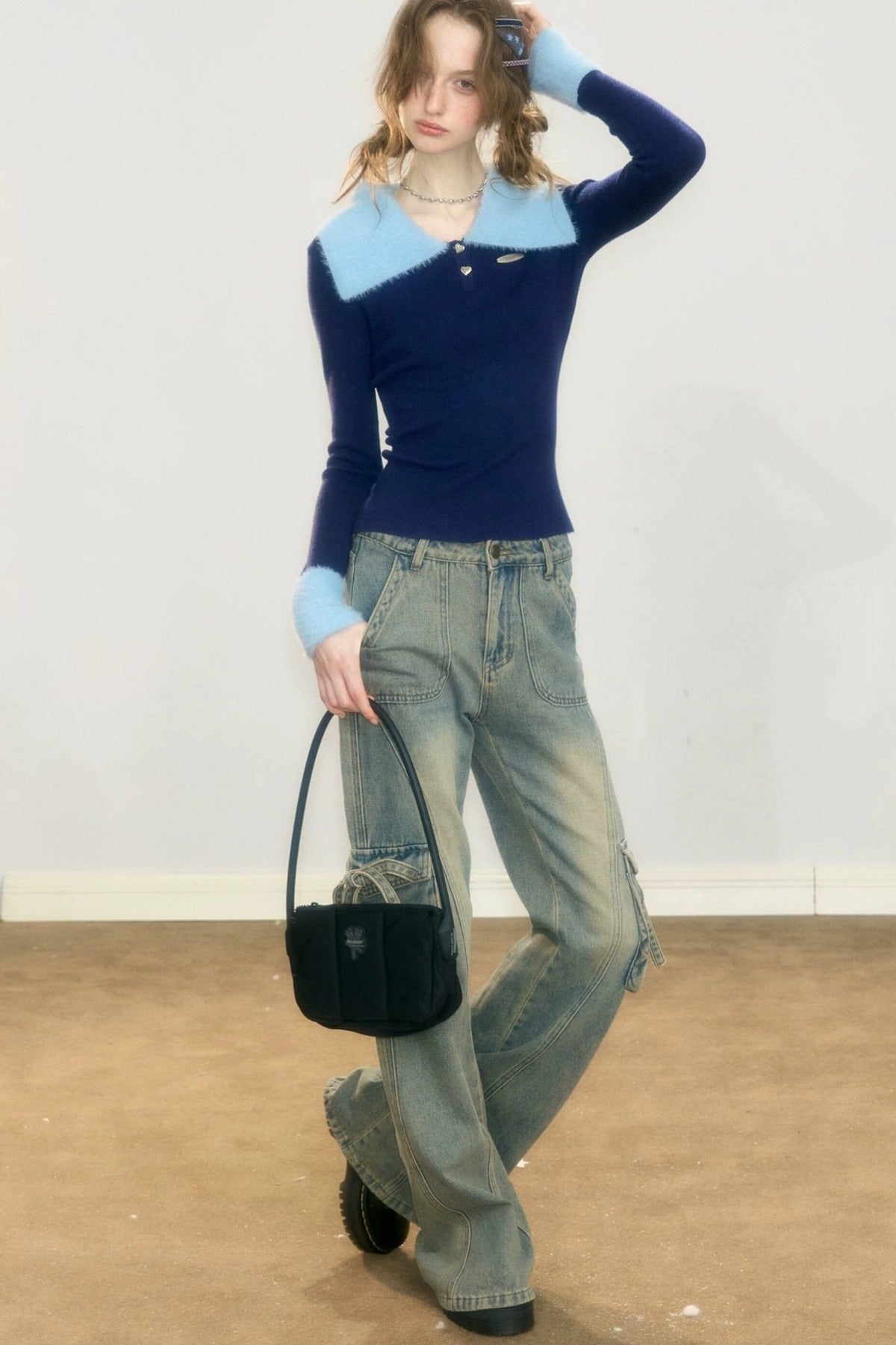 Navy Blue Polo Collar Knit Sweater