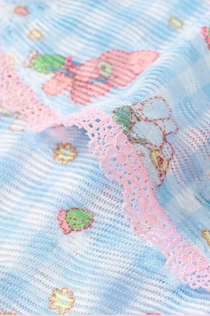 Ensemble haut en dentelle et jupe à carreaux bleus avec imprimé lapin