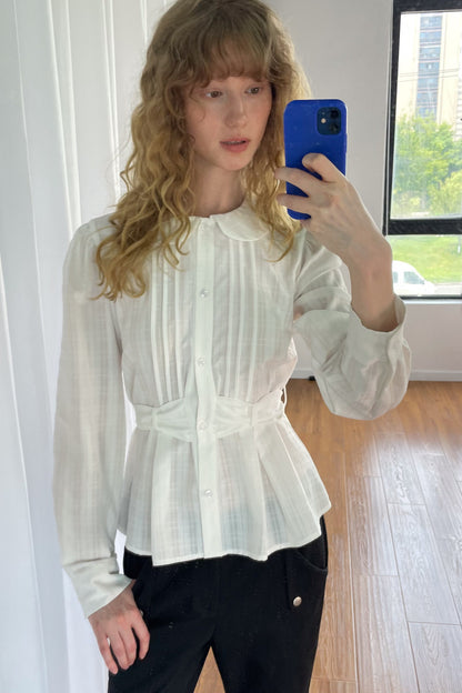 White Doll Collar Pleated Belt Shirt