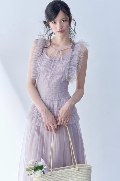 Pleated Lace Flutter Sleeve Dress