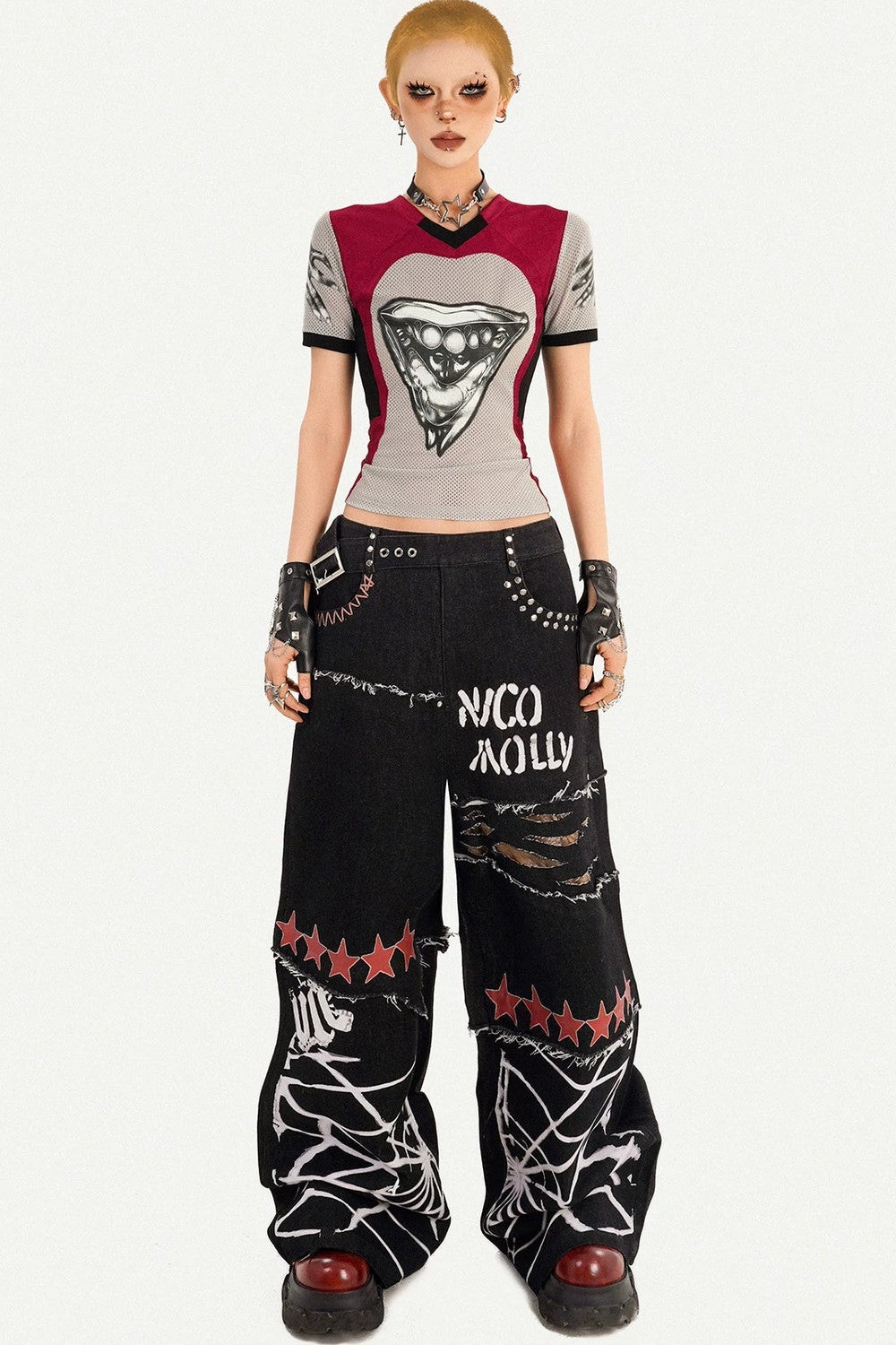 Ripped Graffiti Wide-Leg Jeans