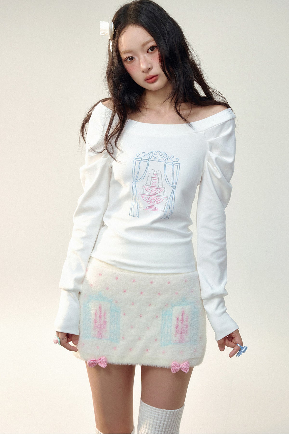 컬러 블록 라인스톤 긴소매 티셔츠