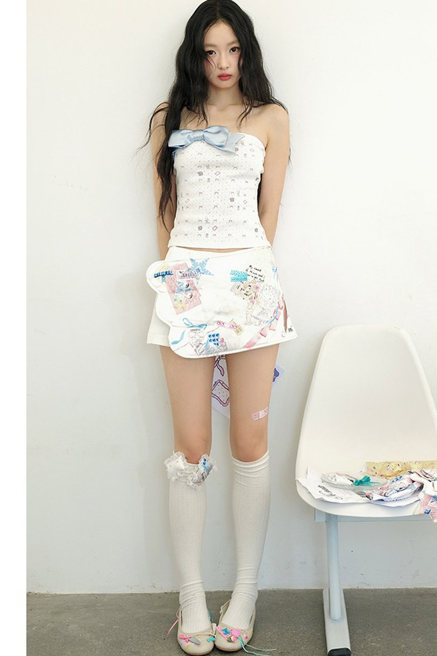 Blue Bow Print Cotton Knit Tube Top