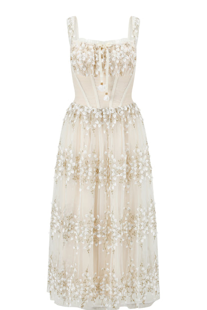 Embroidery Fishbone Strap Long Dress