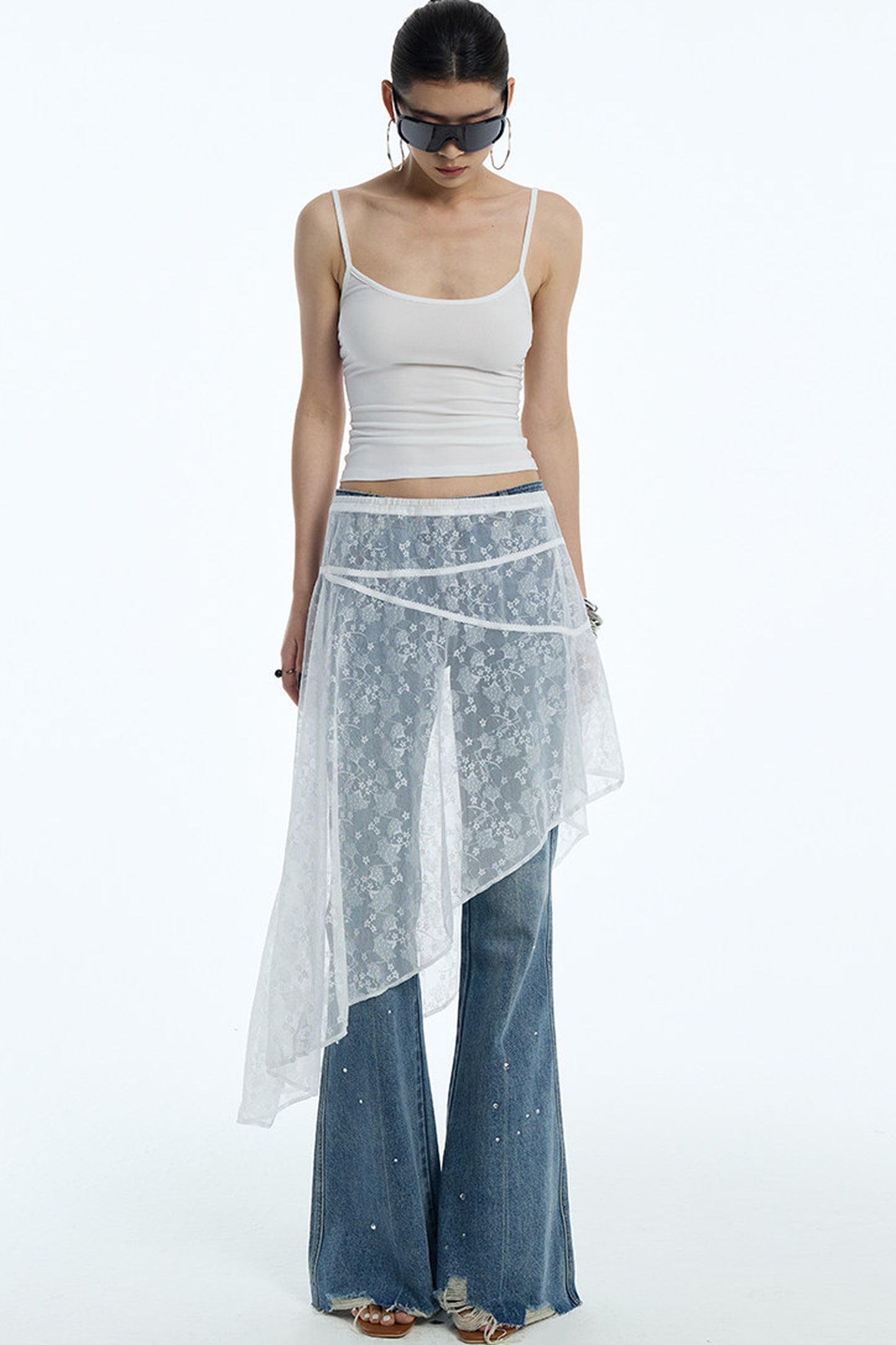 Frayed Hem Washed Blue Rhinestone Micro-Flared Jeans