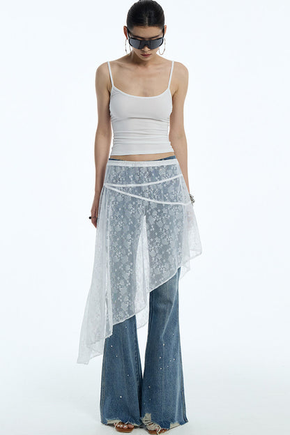 Frayed Hem Washed Blue Rhinestone Micro-Flared Jeans