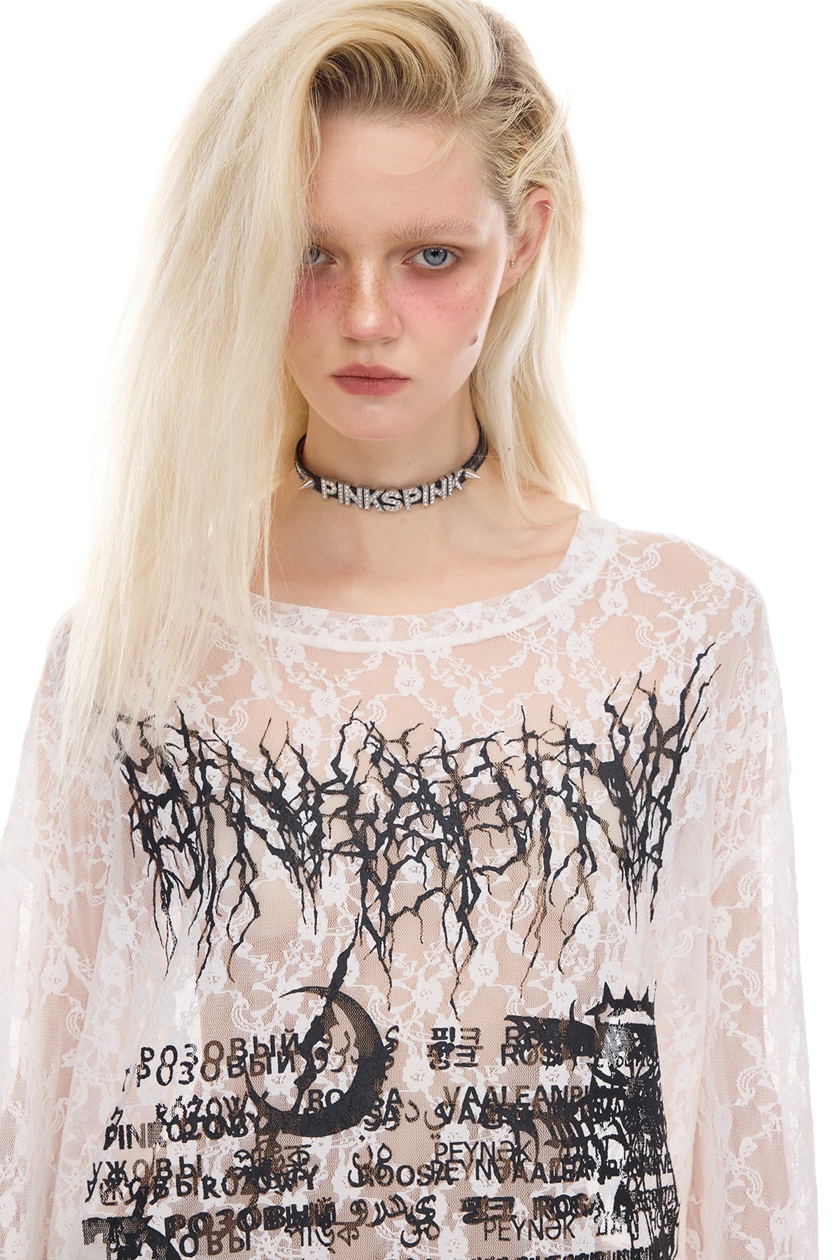 Loose Ripped Lace Cat Print Tee