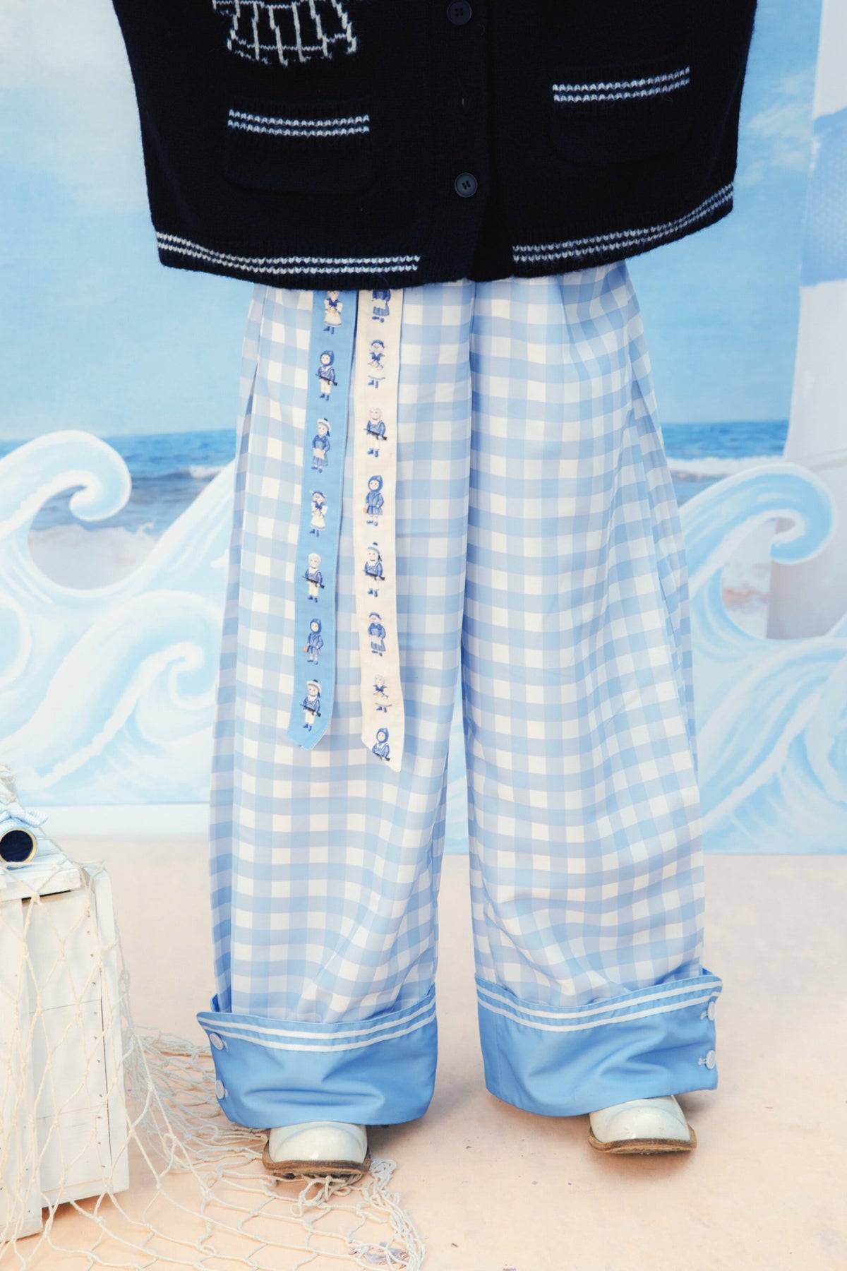 Blue And White Plaid Wide-Leg Pants
