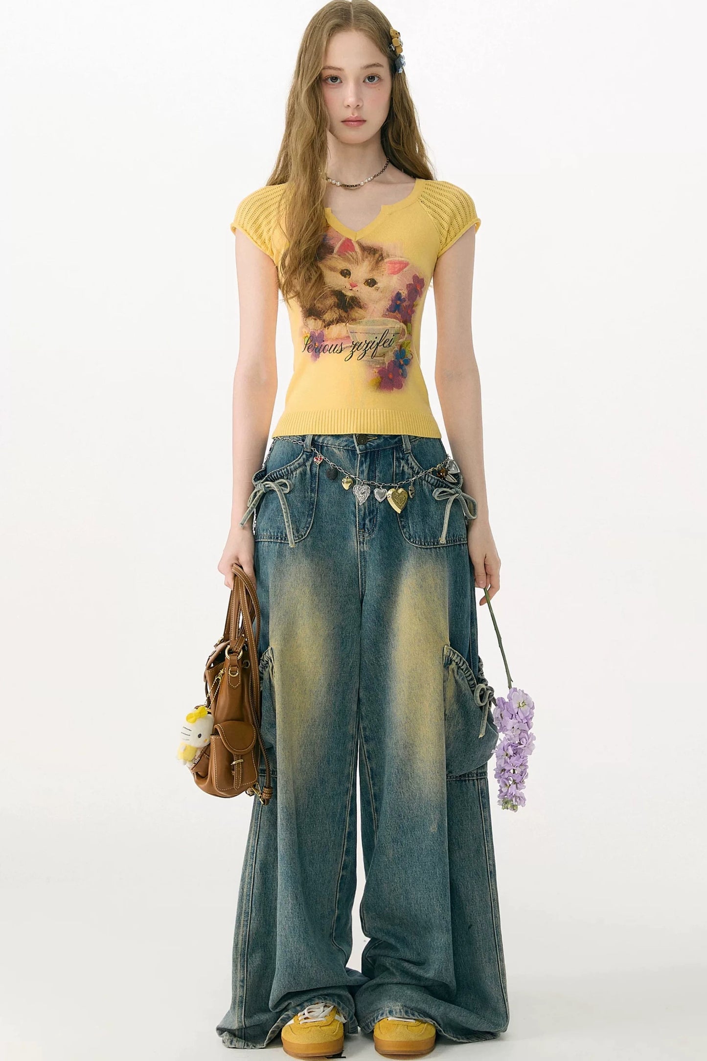 Warm Yellow Cat Print Knit T-Shirt