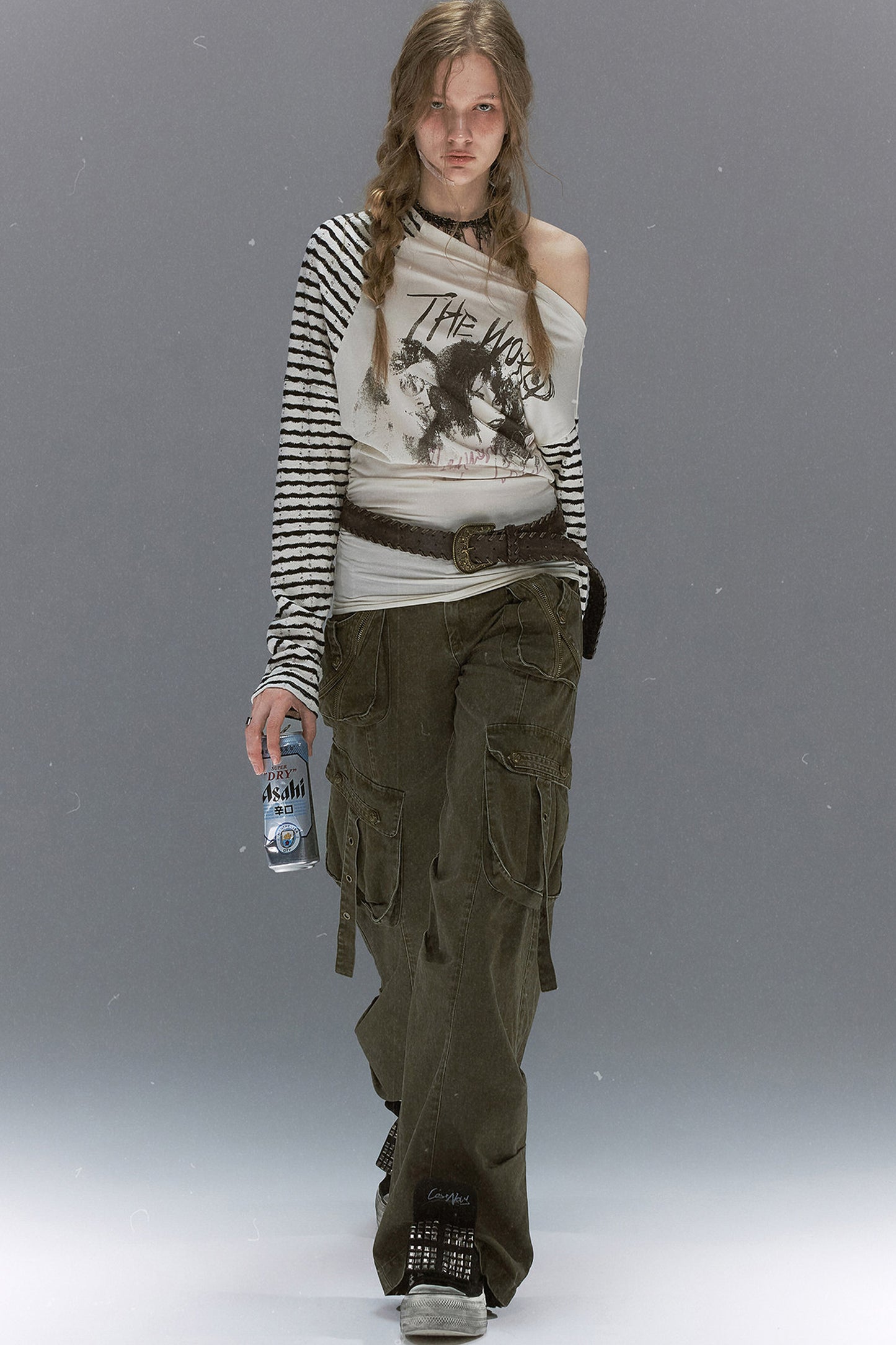Punk Band Print Patchwork Striped Top