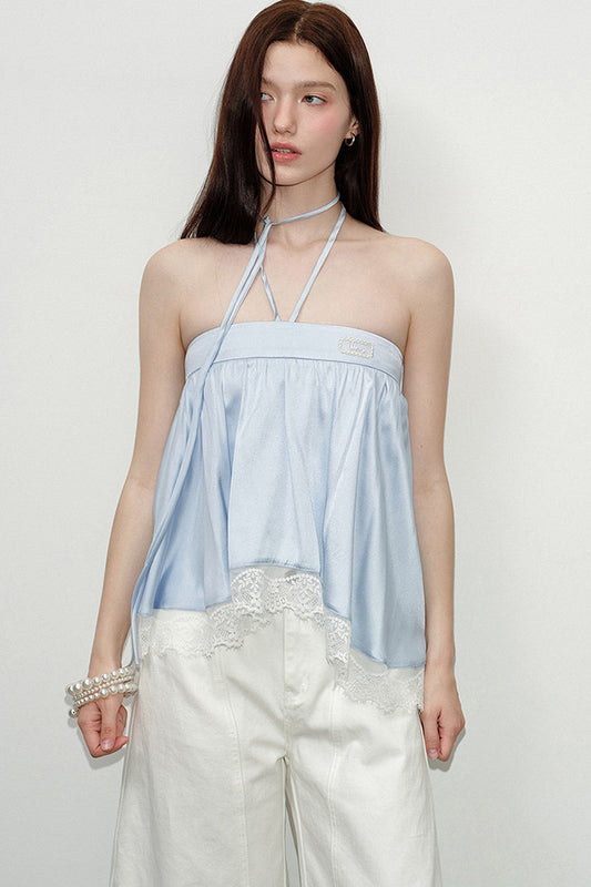 Blaues Satin-Camisole mit Spitzenbesatz und Neckholder