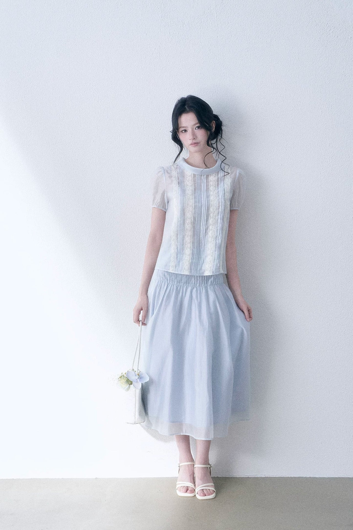 Lace Spliced Tencel Top and Skirt Set