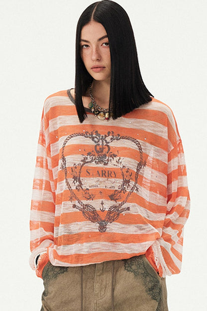 Knotted Heart Striped Knit Blouse