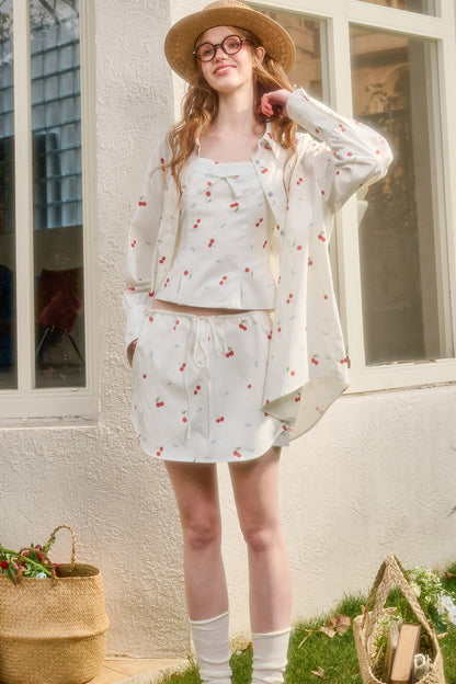 Cherry Print Shirt Top and Skirt Set-Up