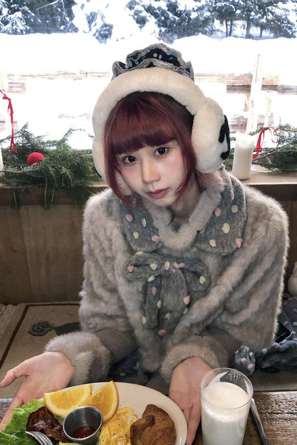 Vintage-Style Fur Patchwork Polka Dot Gray and Pink Set-Up