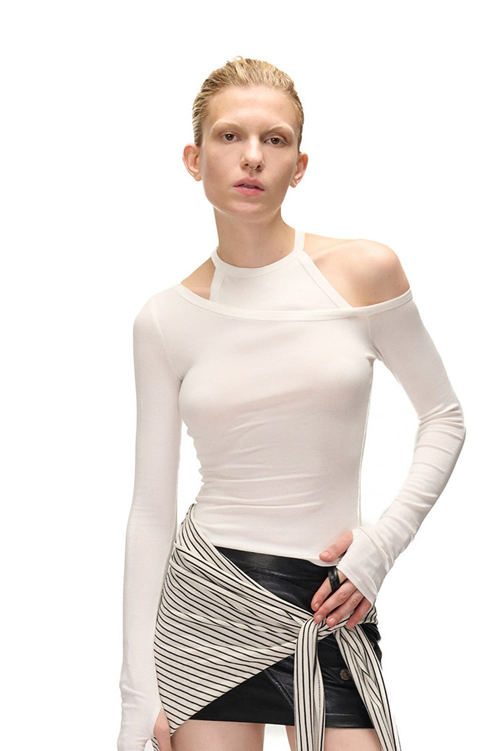 Asymmetrical Halter Off-Shoulder Long-Sleeve Top