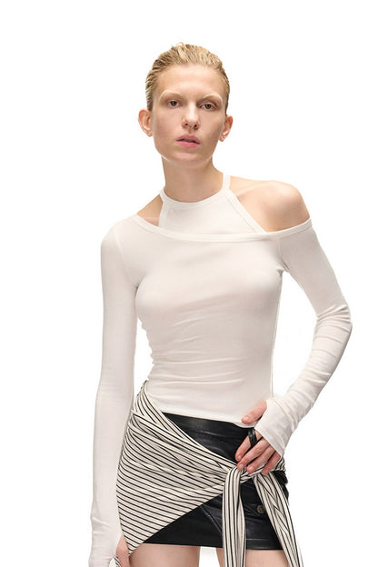 Asymmetrical Halter Off-Shoulder Long-Sleeve Top