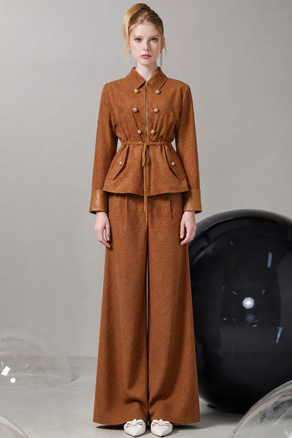 Caramel Lapel Collar Jacket and Pants Set