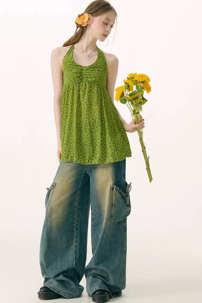 Green Floral Halter Top
