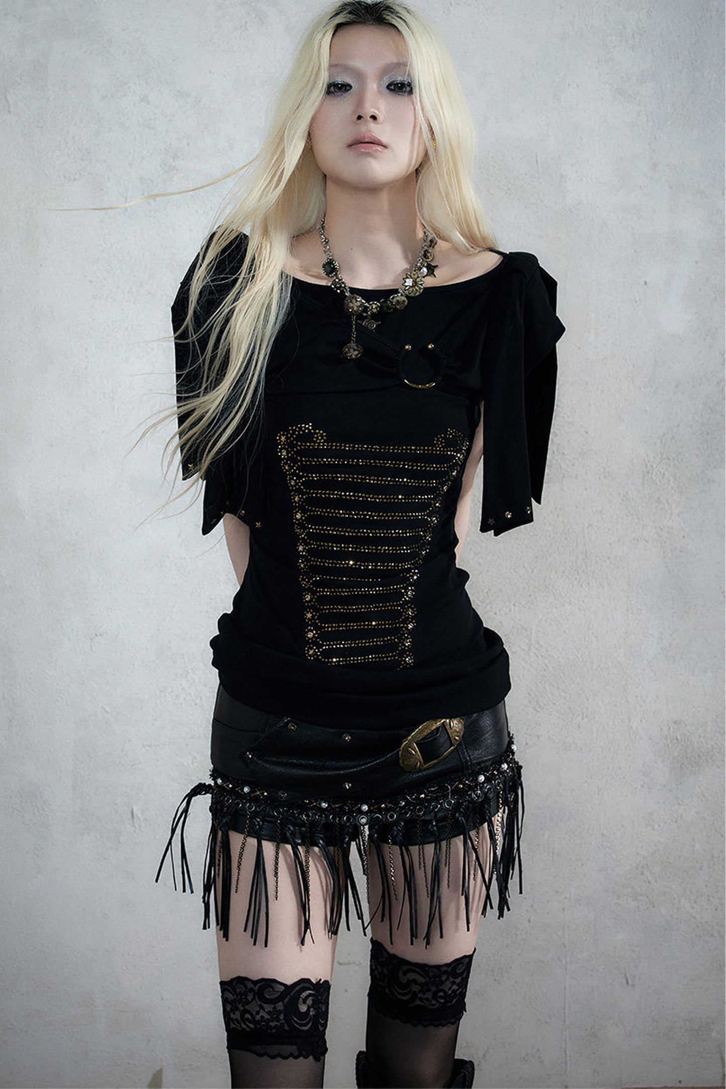 Rhinestone Corset Short-Sleeve Knit Dress