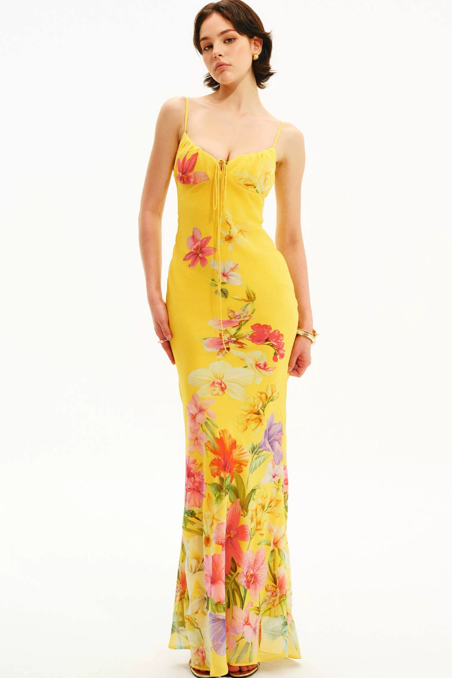Tropisches handbemaltes Slipkleid mit Blumenmuster und V-Ausschnitt