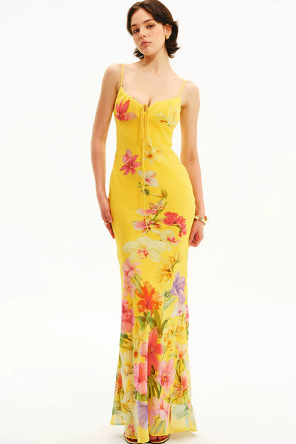 Tropisches handbemaltes Slipkleid mit Blumenmuster und V-Ausschnitt