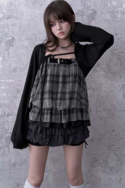 Black Gray Plaid Balloon Suspender Cover-Up Set