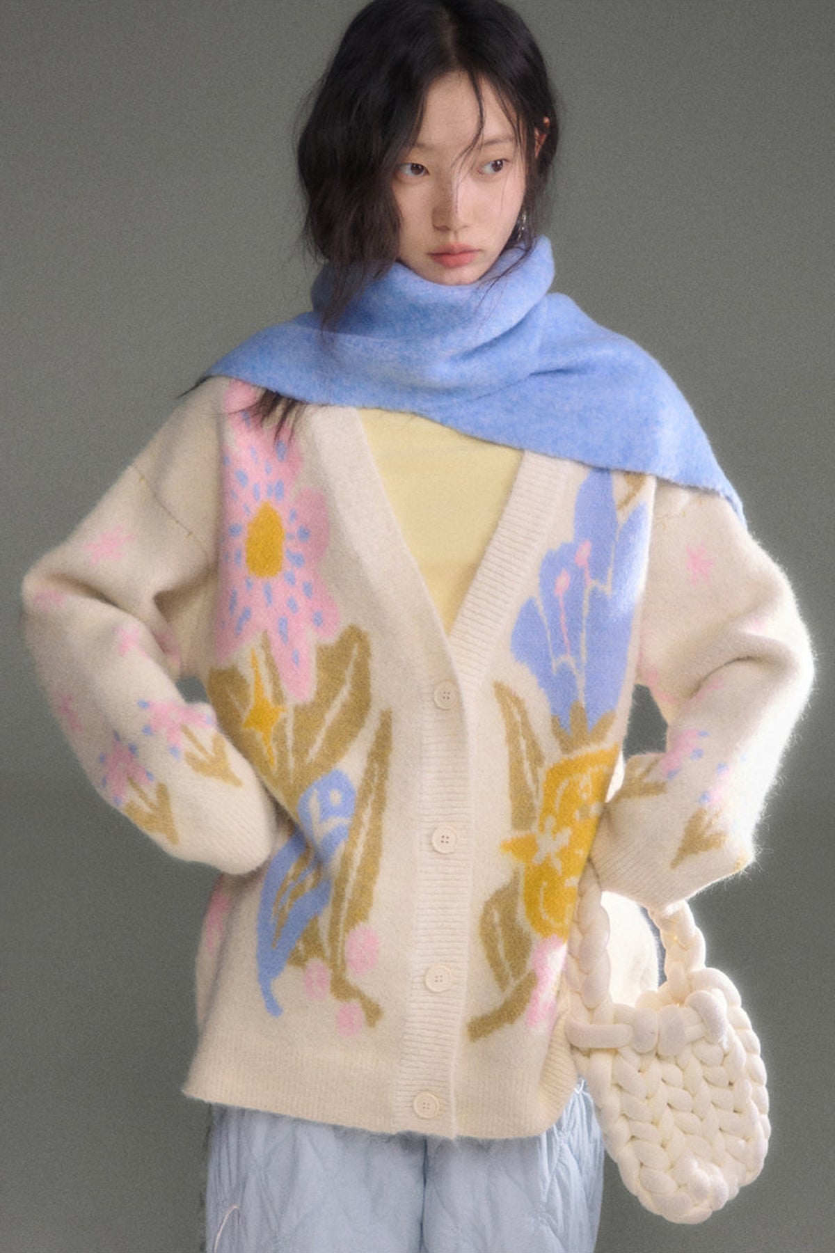 Ear-Flap Bird Tulip Jacquard Wool Cardigan