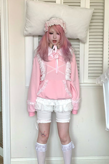 Bow Lace Trim Detachable Collar Sweatshirt and Leggings Set-Up