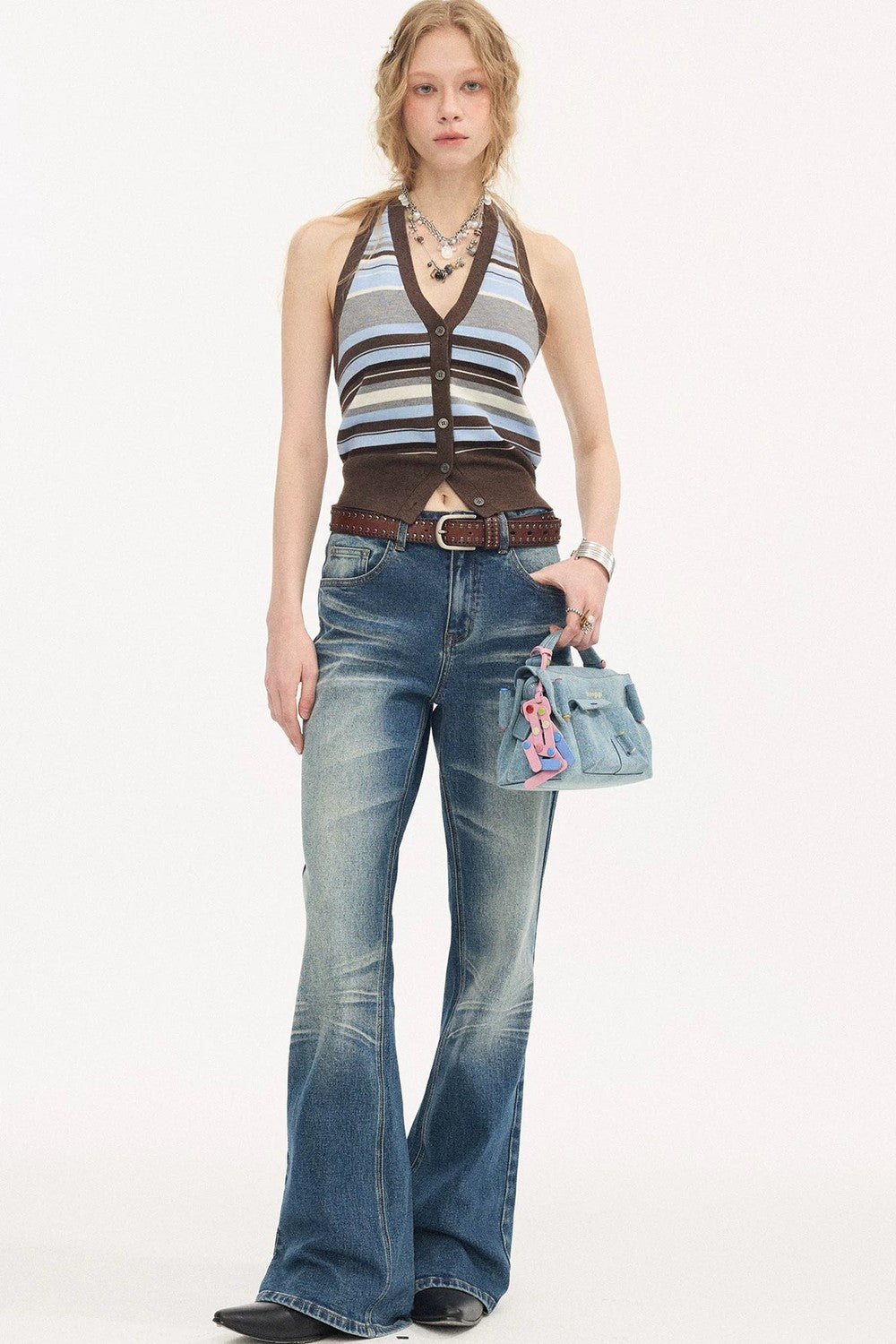 V-Neck Button Halter Vest