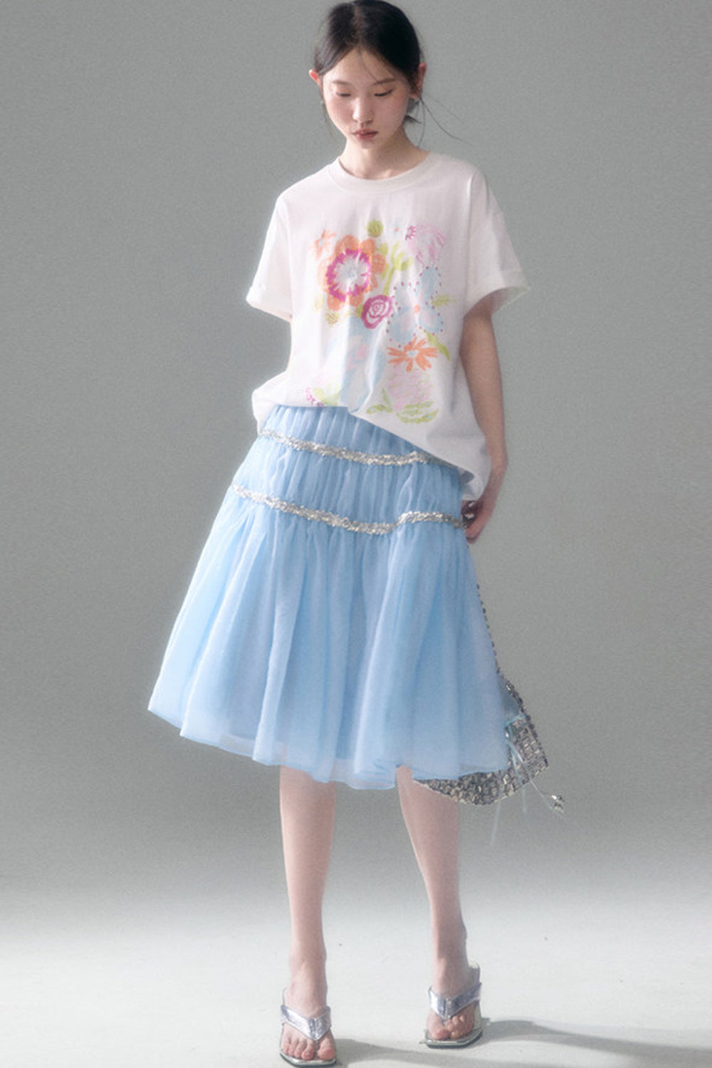 Hand-Painted Floral Bird Embroidered T-Shirt