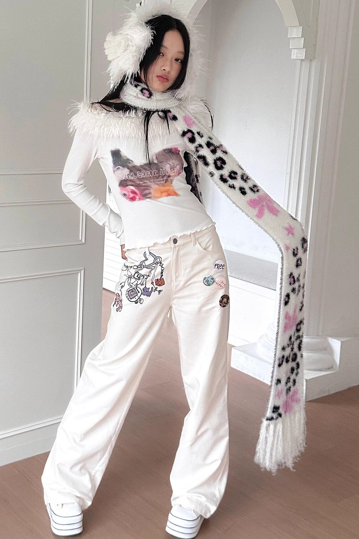 Long Sleeve Cat Print Furry Top