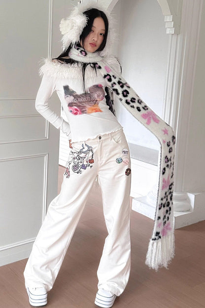 Long Sleeve Cat Print Furry Top