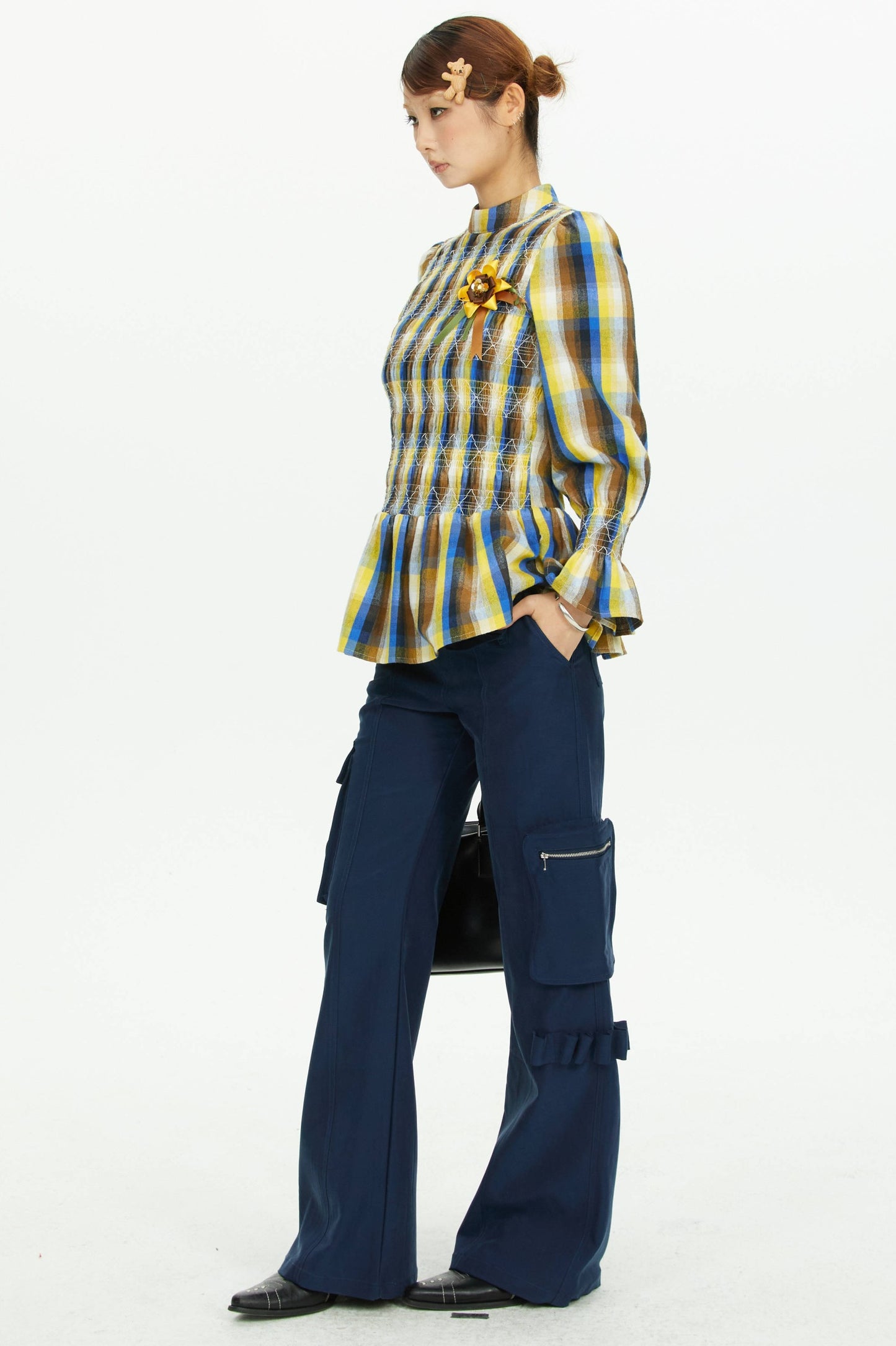 Navy Blue Multi-Pocket Wide-Leg Pants