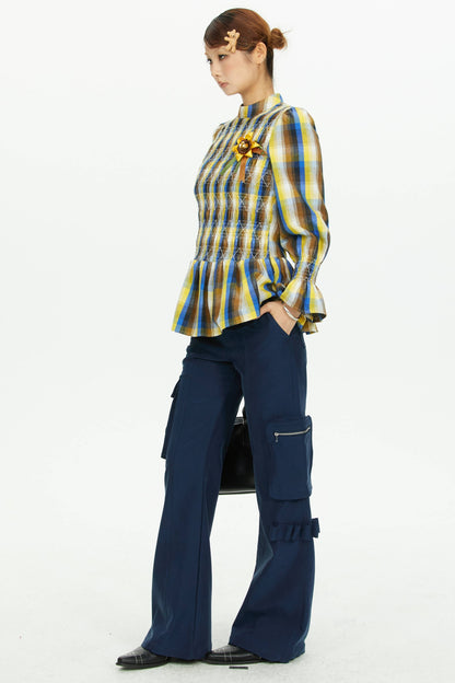 Navy Blue Multi-Pocket Wide-Leg Pants