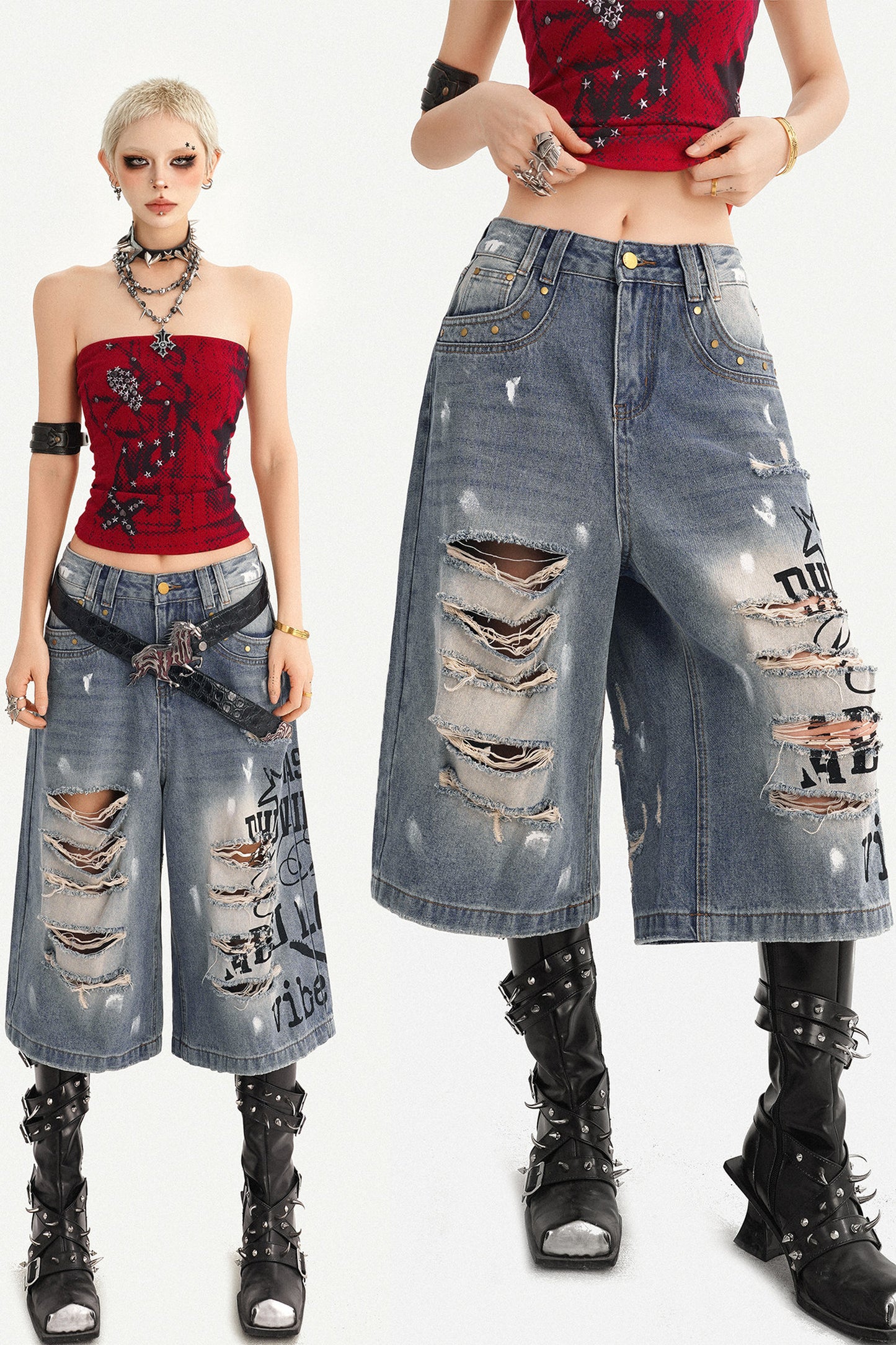 Distressed Letter Print Wide Leg Denim Pants