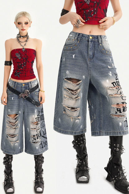 Distressed Letter Print Wide Leg Denim Pants