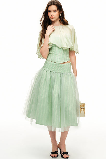 Mint Green Stripe Lyocell Cape and Tulle Skirt Set-Up